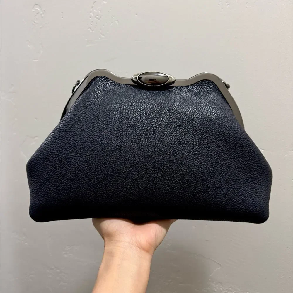 Black Togo Cowhide Leather Handmade Custom Metal Frame Handbag & 2 Strap Styles